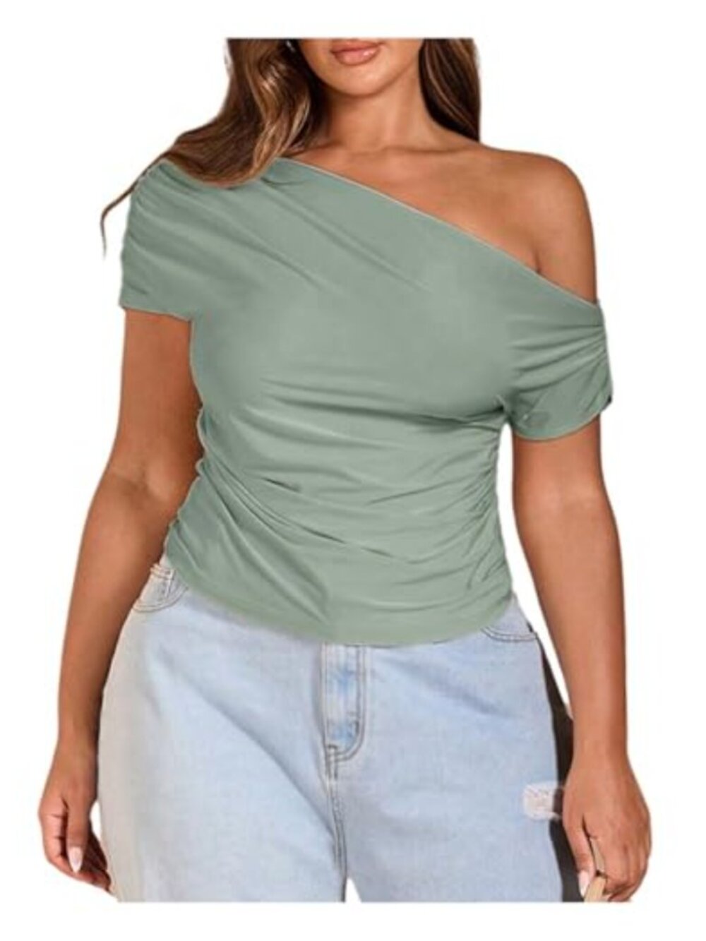 Plus Size Off Shoulder Ruched Asymmetrical Crop Top Knit Short Sleeve T-Shirt
